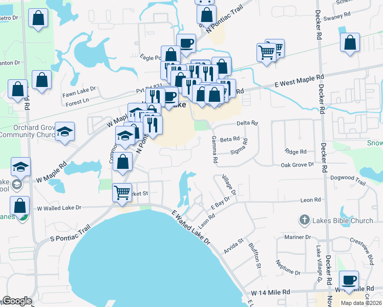 map of restaurants, bars, coffee shops, grocery stores, and more near 467 Winwood Circle in Walled Lake