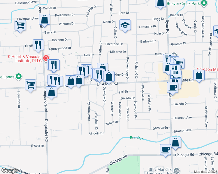 map of restaurants, bars, coffee shops, grocery stores, and more near 33014 Crestwell Drive in Sterling Heights