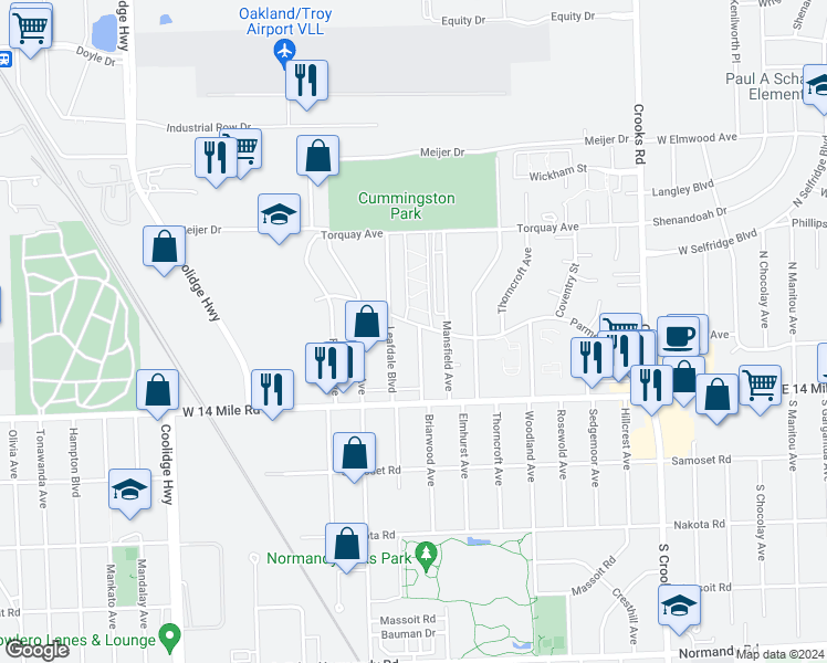 map of restaurants, bars, coffee shops, grocery stores, and more near 4919 Briarwood Avenue in Royal Oak