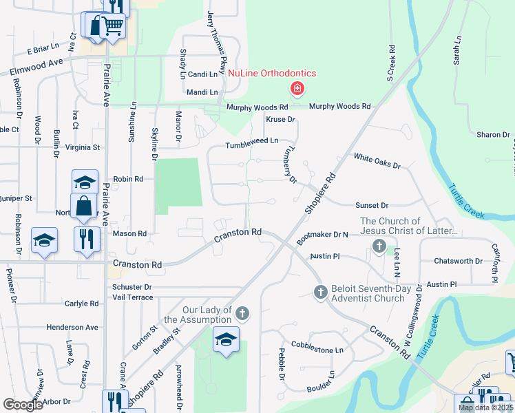 map of restaurants, bars, coffee shops, grocery stores, and more near 2352 Hyacinth Court in Beloit