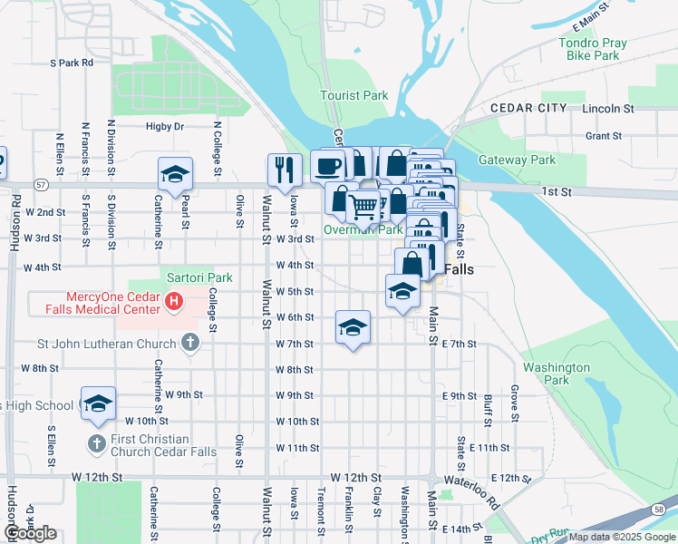 map of restaurants, bars, coffee shops, grocery stores, and more near 308 Franklin Street in Cedar Falls