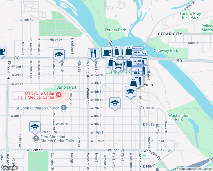 map of restaurants, bars, coffee shops, grocery stores, and more near 309 Tremont Street in Cedar Falls