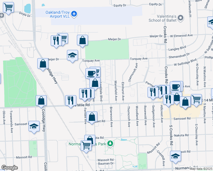 map of restaurants, bars, coffee shops, grocery stores, and more near 4915 Briarwood Avenue in Royal Oak