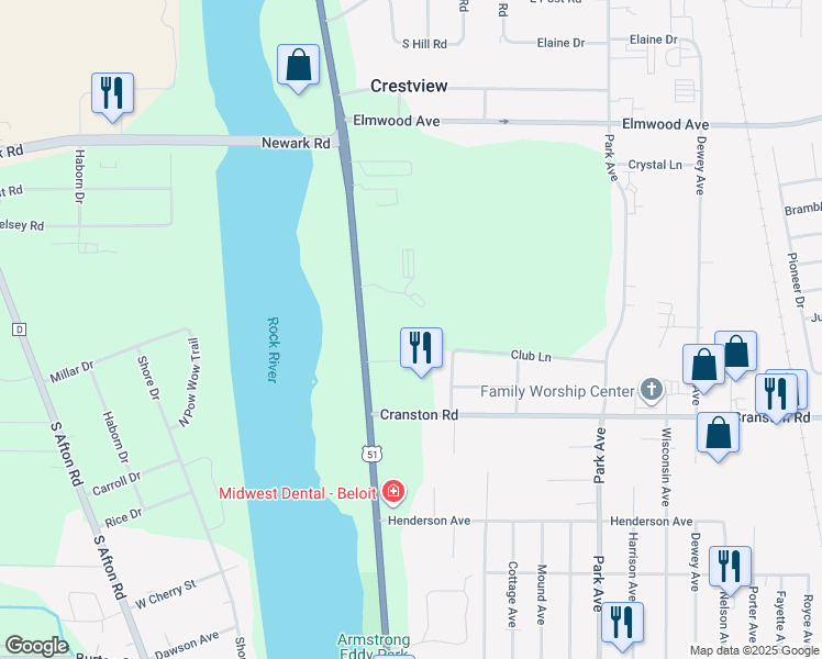 map of restaurants, bars, coffee shops, grocery stores, and more near 2271 South Riverside Drive in Beloit