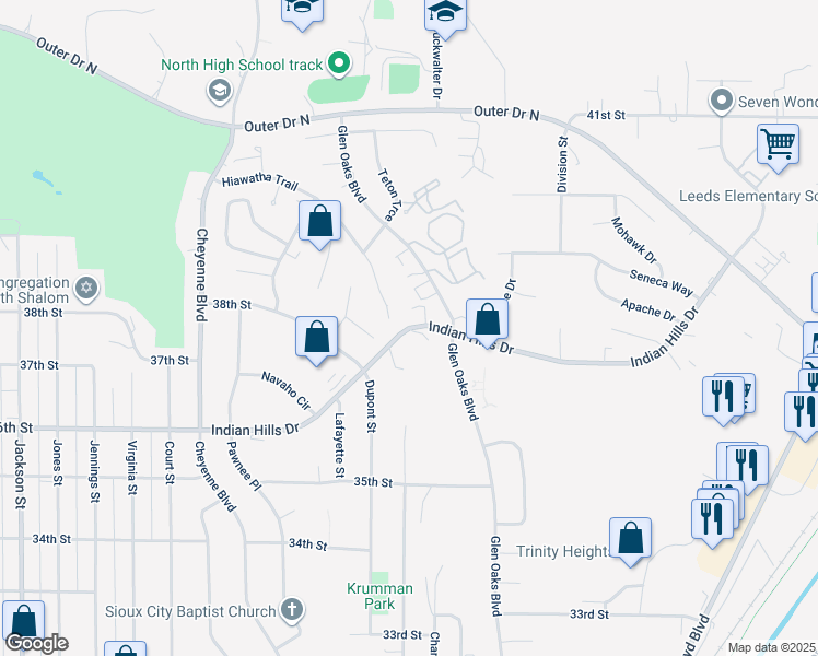 map of restaurants, bars, coffee shops, grocery stores, and more near 1813 Indian Hills Drive in Sioux City