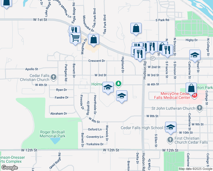 map of restaurants, bars, coffee shops, grocery stores, and more near 505 Holmes Drive in Cedar Falls