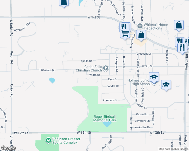 map of restaurants, bars, coffee shops, grocery stores, and more near 2916 West 4th Street in Cedar Falls
