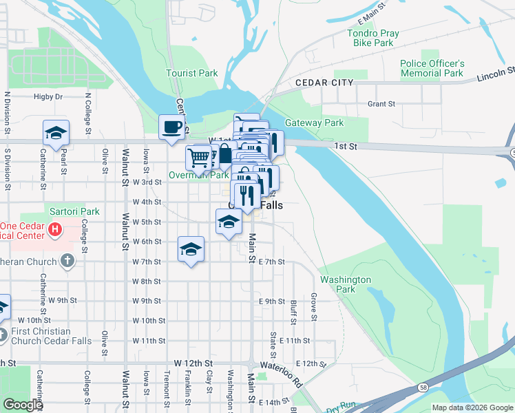 map of restaurants, bars, coffee shops, grocery stores, and more near 406 Main Street in Cedar Falls