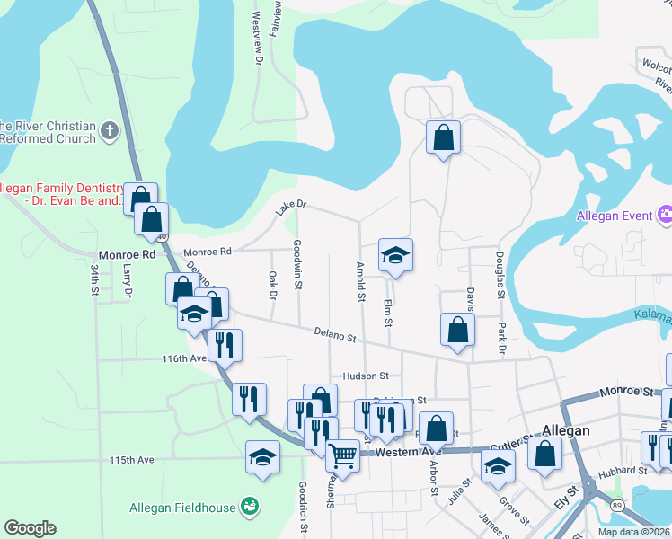 map of restaurants, bars, coffee shops, grocery stores, and more near 179 Arnold Street in Allegan