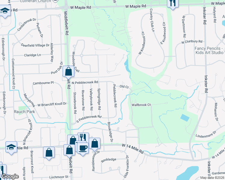 map of restaurants, bars, coffee shops, grocery stores, and more near 7075 Pebblecreek Road in West Bloomfield Township