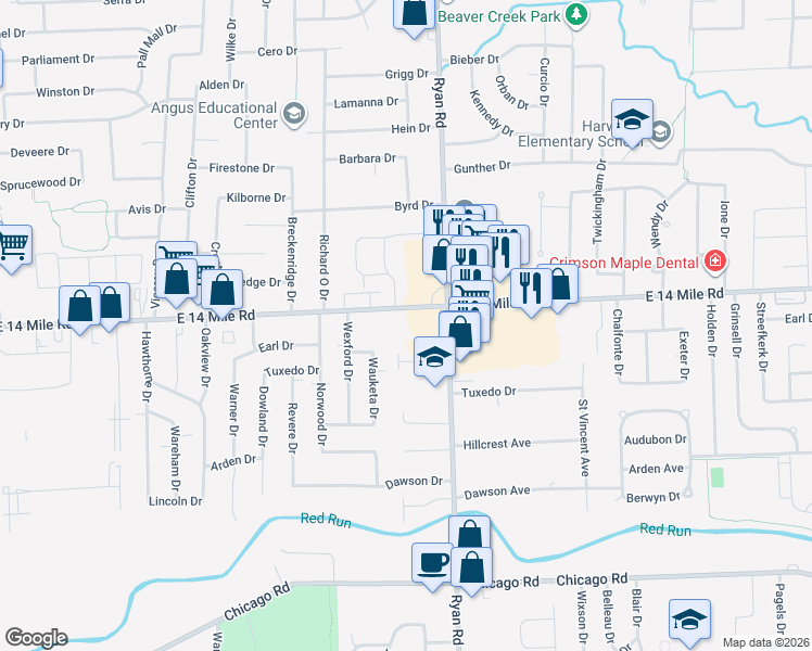 map of restaurants, bars, coffee shops, grocery stores, and more near 33020 Karin Drive in Sterling Heights