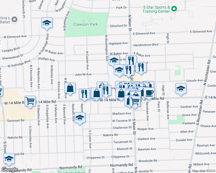 map of restaurants, bars, coffee shops, grocery stores, and more near 311 North Washington Avenue in Clawson