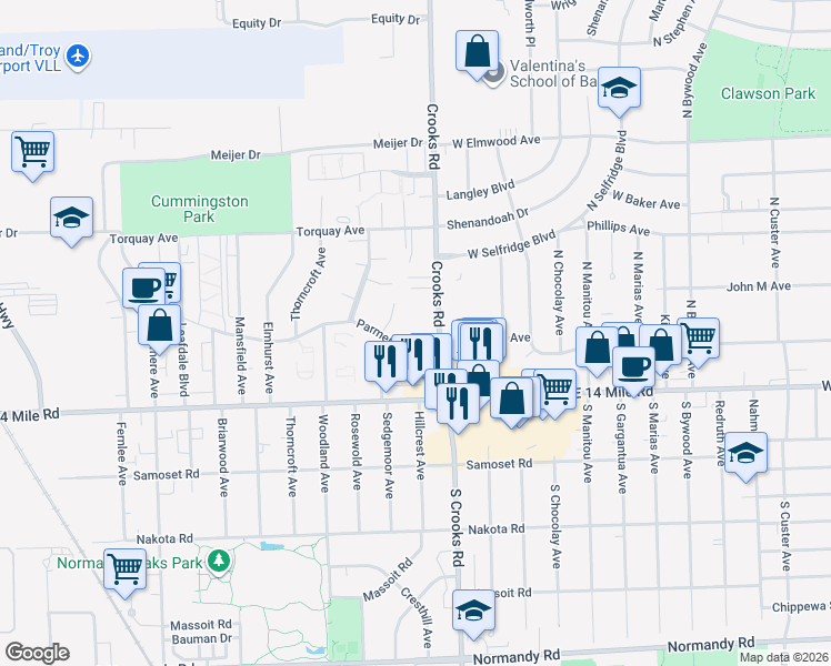 map of restaurants, bars, coffee shops, grocery stores, and more near 4922 Cara Court in Royal Oak
