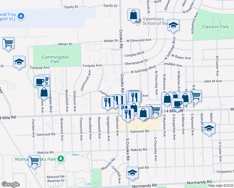 map of restaurants, bars, coffee shops, grocery stores, and more near 4909 Crooks Road in Royal Oak