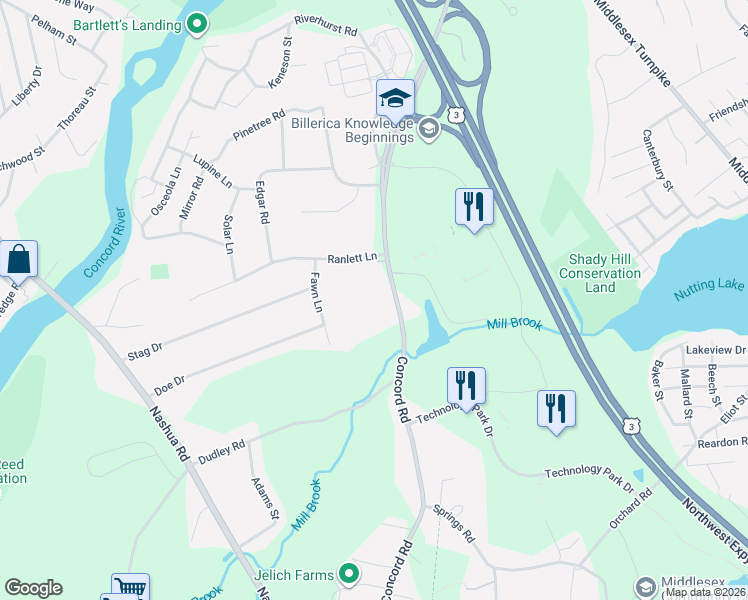 map of restaurants, bars, coffee shops, grocery stores, and more near 303 Concord Road in Billerica