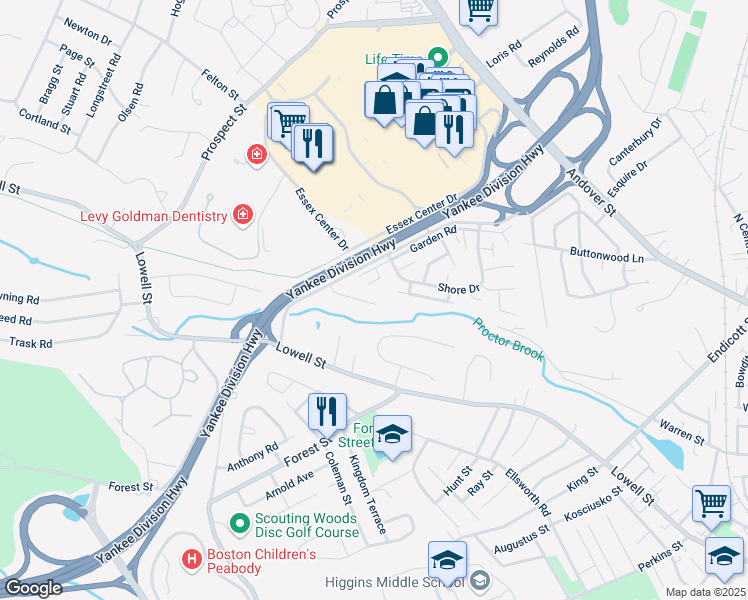 map of restaurants, bars, coffee shops, grocery stores, and more near 57 Garden Road in Peabody