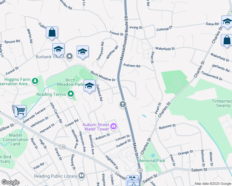 map of restaurants, bars, coffee shops, grocery stores, and more near 11 Hillside Road in Reading