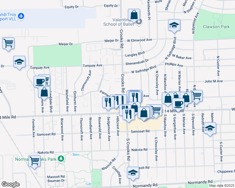map of restaurants, bars, coffee shops, grocery stores, and more near 4922 Cara Court in Royal Oak