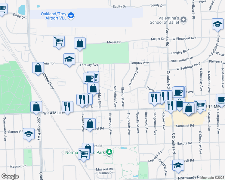 map of restaurants, bars, coffee shops, grocery stores, and more near 5024 Mansfield Avenue in Royal Oak