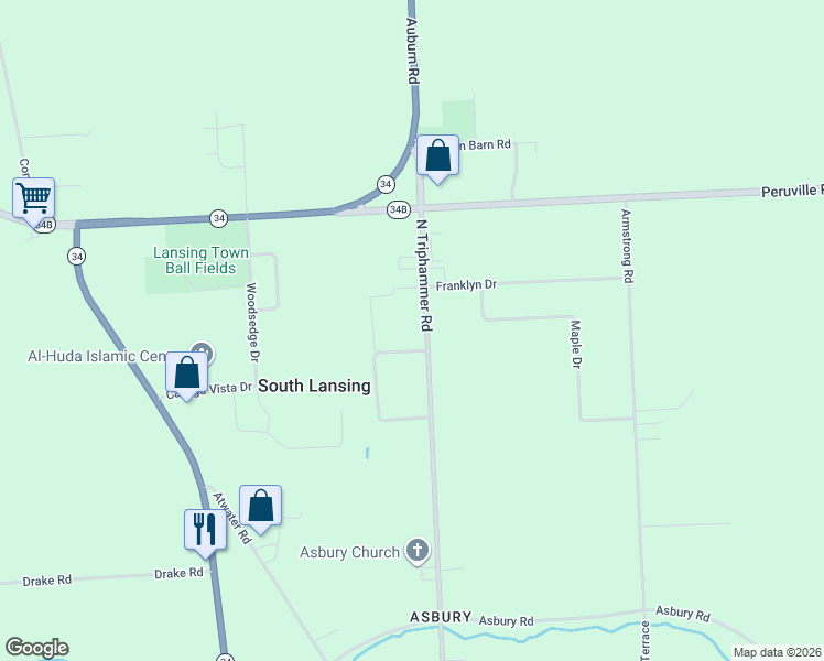 map of restaurants, bars, coffee shops, grocery stores, and more near 3034-3038 N Triphammer Rd in Lansing
