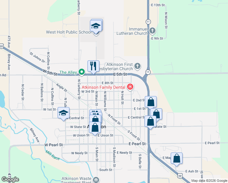 map of restaurants, bars, coffee shops, grocery stores, and more near 500 North Madison Street in Atkinson