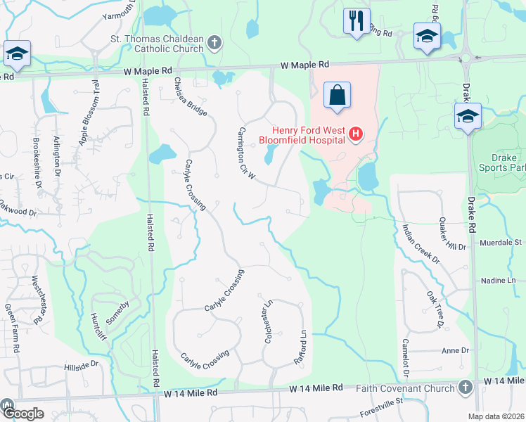 map of restaurants, bars, coffee shops, grocery stores, and more near 6963 Lexington Drive in West Bloomfield Township