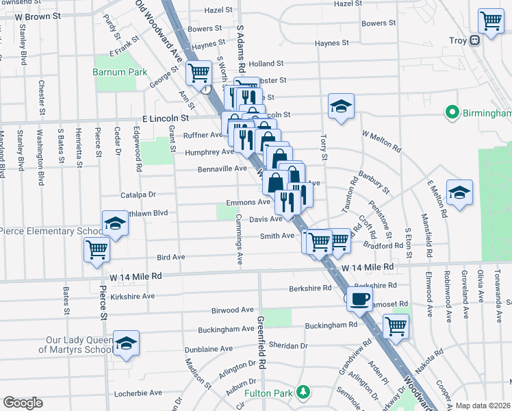 map of restaurants, bars, coffee shops, grocery stores, and more near 1164 Chapin Avenue in Birmingham
