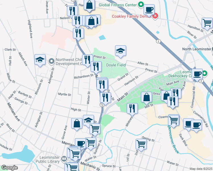 map of restaurants, bars, coffee shops, grocery stores, and more near 54 Green Street in Leominster