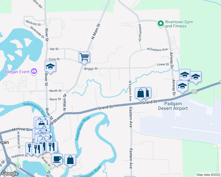 map of restaurants, bars, coffee shops, grocery stores, and more near 117 Depot Hill Court in Allegan