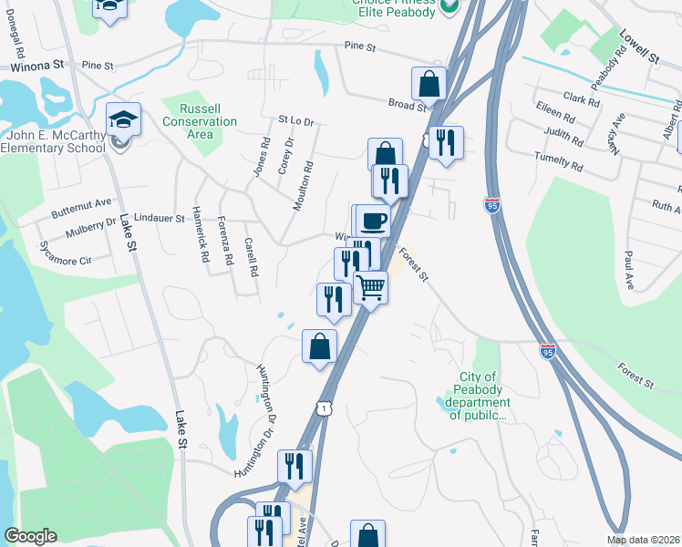 map of restaurants, bars, coffee shops, grocery stores, and more near 12 Winona Street in Peabody