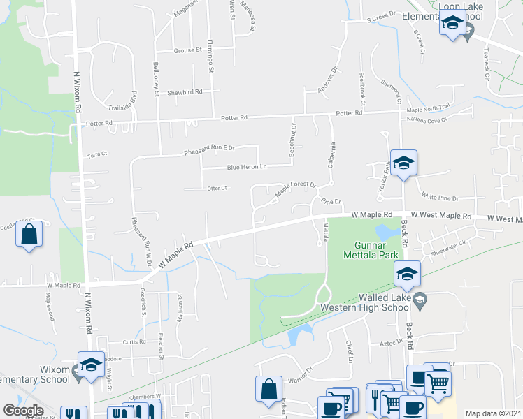 map of restaurants, bars, coffee shops, grocery stores, and more near 2724 Maple Forest Drive in Wixom