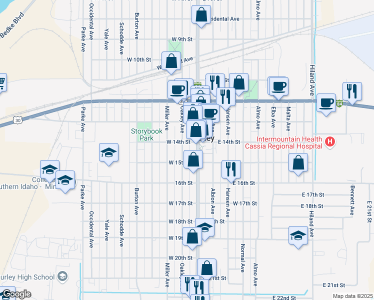 map of restaurants, bars, coffee shops, grocery stores, and more near 1357 Oakley Avenue in Burley