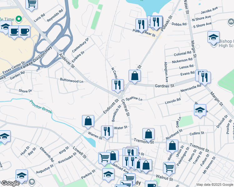 map of restaurants, bars, coffee shops, grocery stores, and more near 8 North Central Street in Peabody