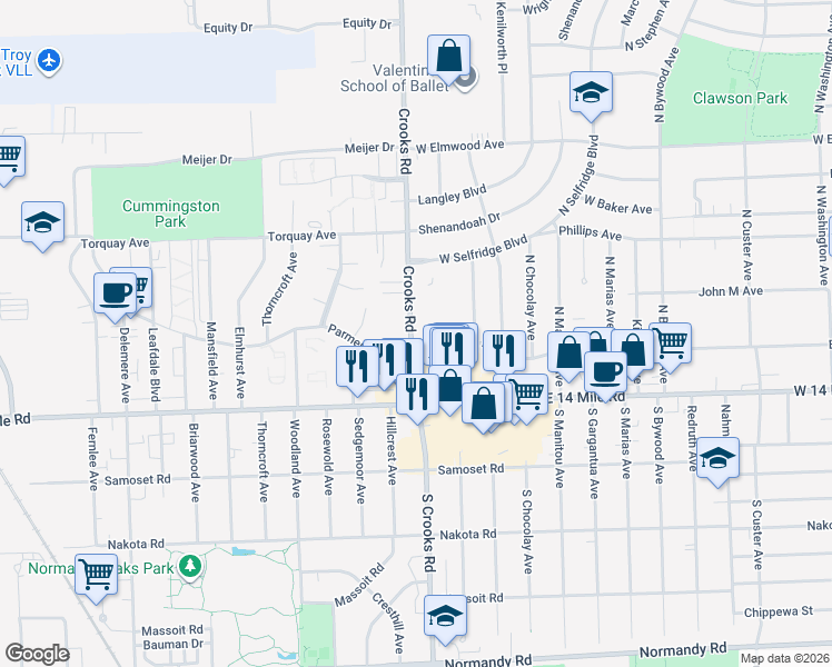 map of restaurants, bars, coffee shops, grocery stores, and more near 320 North Crooks Road in Clawson