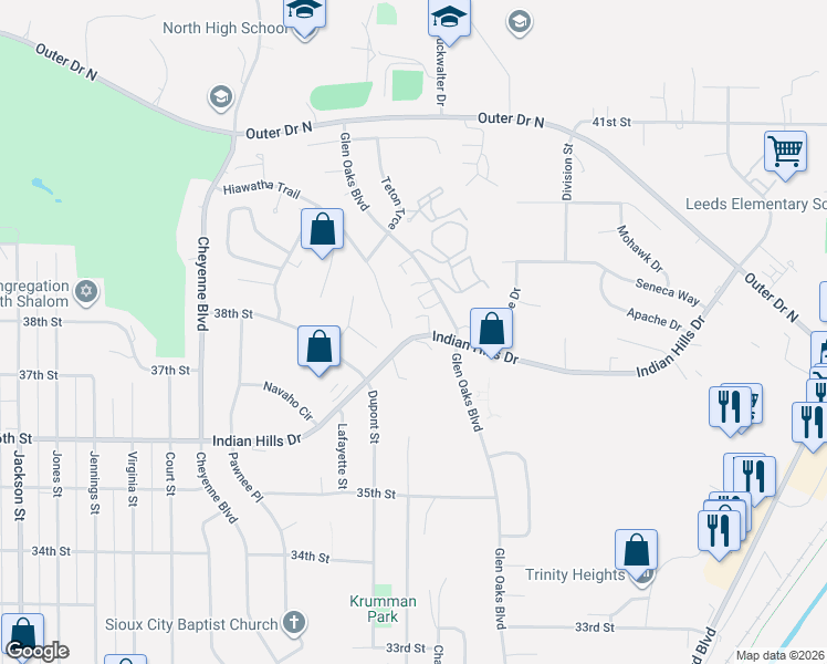 map of restaurants, bars, coffee shops, grocery stores, and more near 1813-1845 Indian Hills Dr in Sioux City