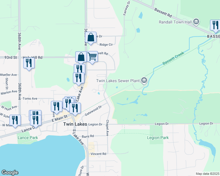 map of restaurants, bars, coffee shops, grocery stores, and more near in Twin Lakes