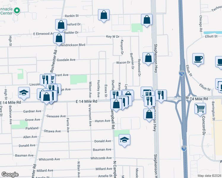 map of restaurants, bars, coffee shops, grocery stores, and more near 224 Essex Street in Clawson