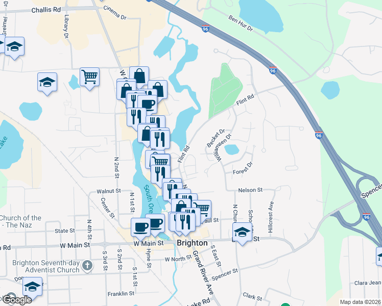 map of restaurants, bars, coffee shops, grocery stores, and more near 621 Flint Road in Brighton