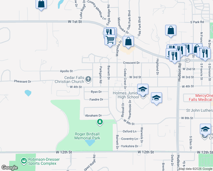 map of restaurants, bars, coffee shops, grocery stores, and more near 2521 West 4th Street in Cedar Falls