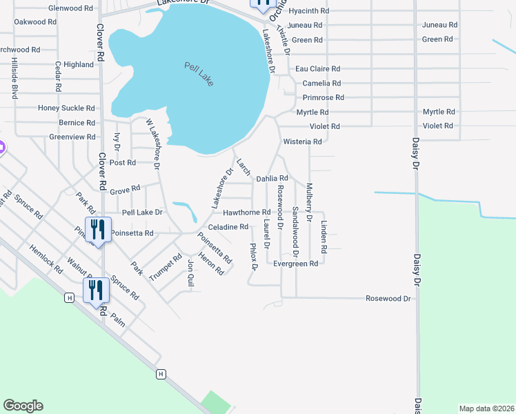 map of restaurants, bars, coffee shops, grocery stores, and more near N1228 Phlox Drive in Genoa City