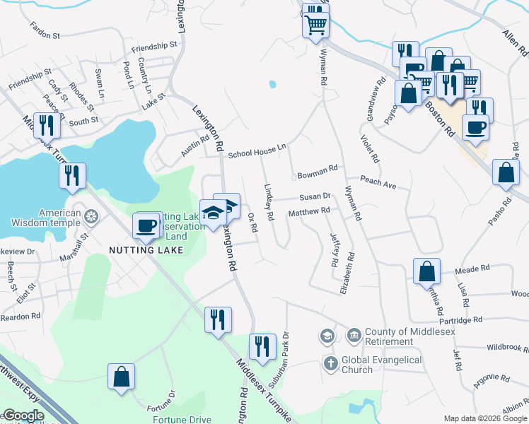map of restaurants, bars, coffee shops, grocery stores, and more near 23 Lindsay Road in Billerica