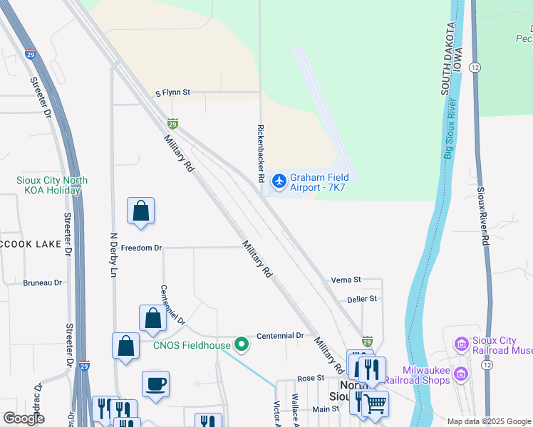map of restaurants, bars, coffee shops, grocery stores, and more near 1003 State Highway 105 in North Sioux City