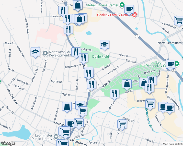 map of restaurants, bars, coffee shops, grocery stores, and more near 54 Green Street in Leominster