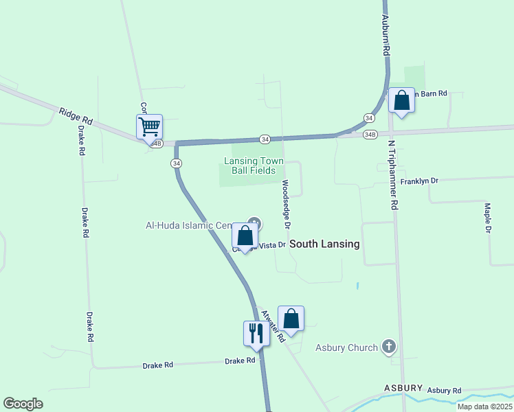 map of restaurants, bars, coffee shops, grocery stores, and more near 100 Woodsedge Drive in Lansing