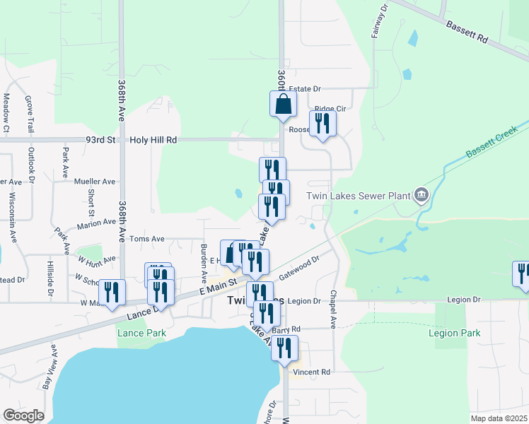 map of restaurants, bars, coffee shops, grocery stores, and more near 475 North Lake Avenue in Twin Lakes
