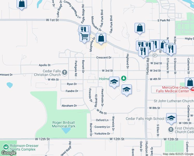 map of restaurants, bars, coffee shops, grocery stores, and more near 306 Cedar Crest Drive in Cedar Falls