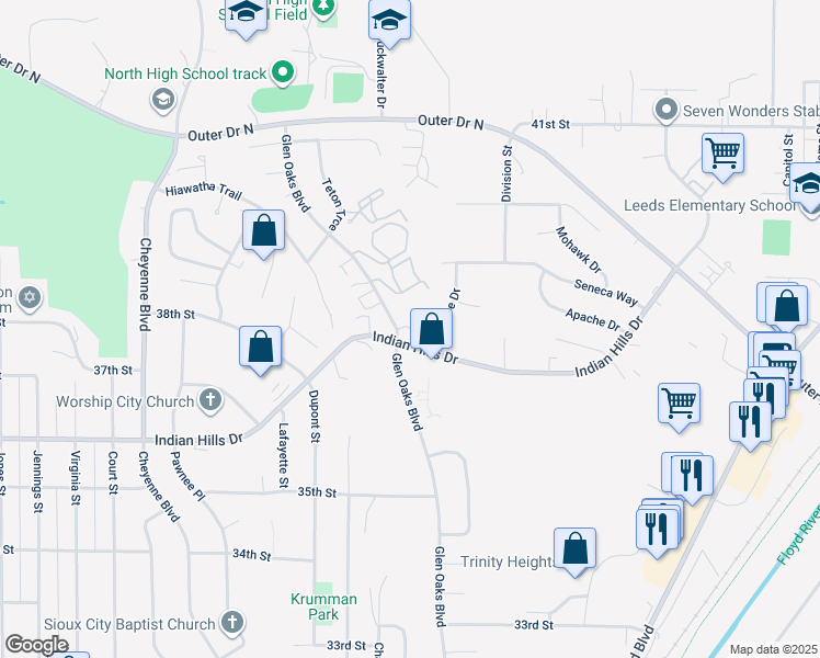 map of restaurants, bars, coffee shops, grocery stores, and more near 3741 Glen Oaks Boulevard in Sioux City