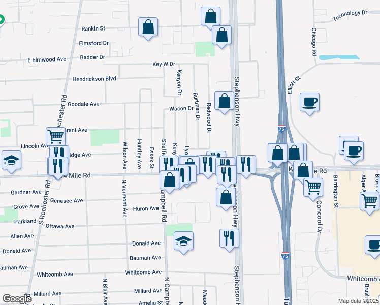 map of restaurants, bars, coffee shops, grocery stores, and more near 105 Redwood Drive in Troy