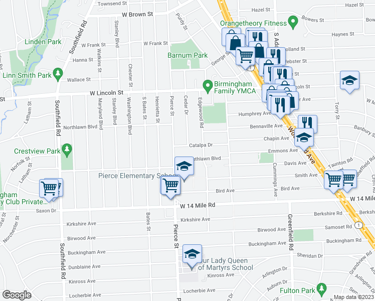 map of restaurants, bars, coffee shops, grocery stores, and more near 180 Catalpa Drive in Birmingham