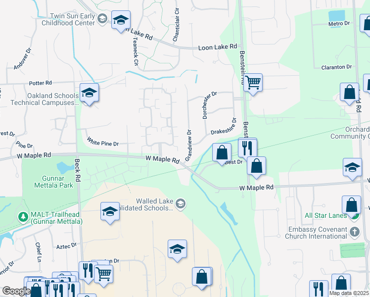 map of restaurants, bars, coffee shops, grocery stores, and more near 5104 Chesapeake Circle in Commerce Charter Township